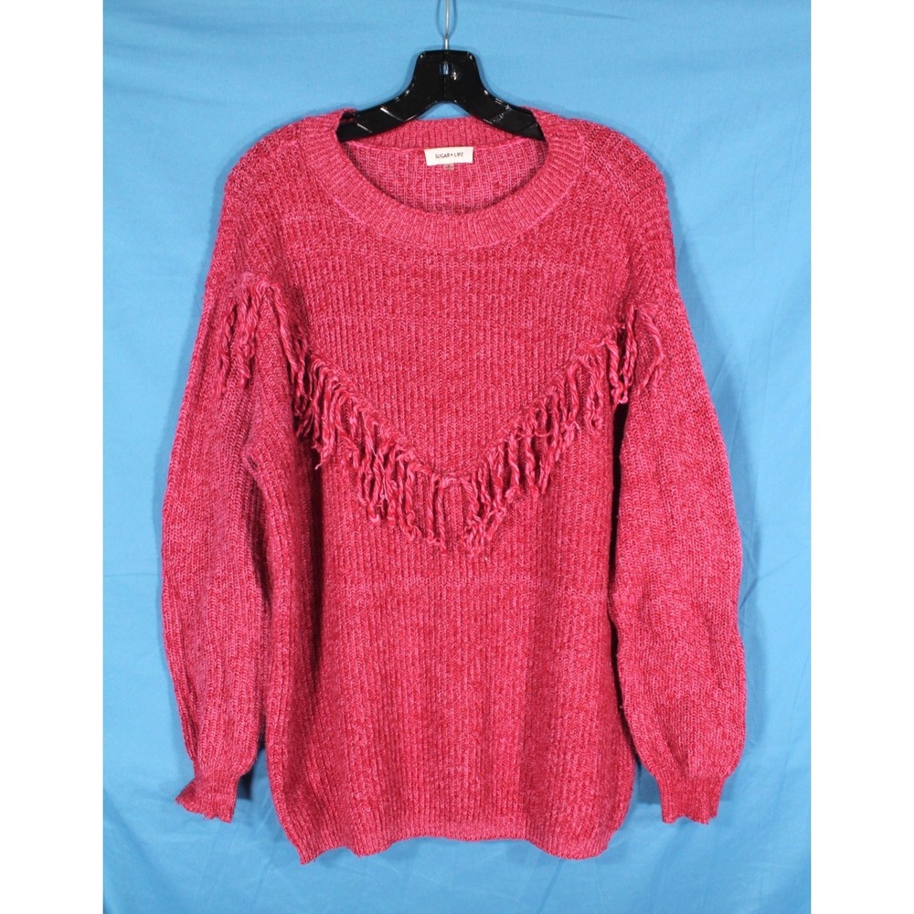 SUGAR+LIPS Pink & Red SONOMA OVERSIZED OPENWORK Fringe Front KNIT SWEATER Sz L